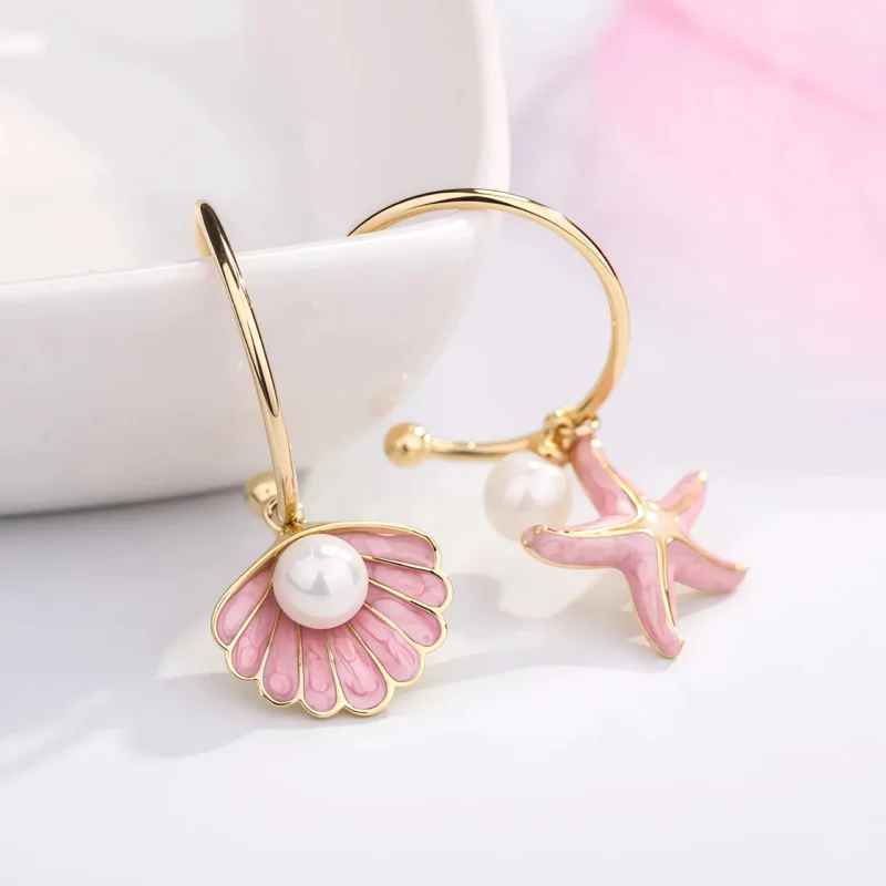 Coastal Starfish Shell Pearl Hoop Earrings