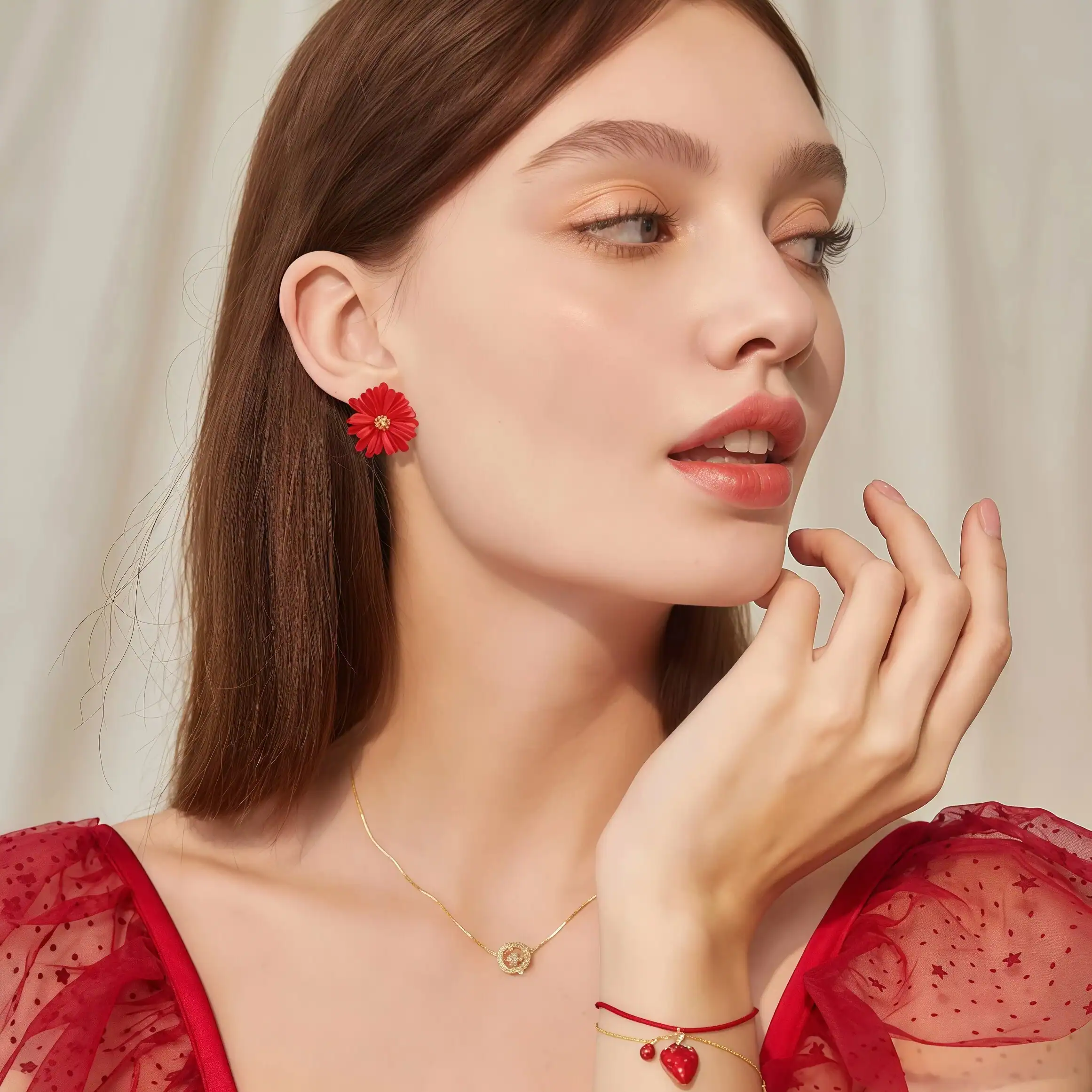 Dainty Red Daisy S925 Silver Stud Earrings - Image 4