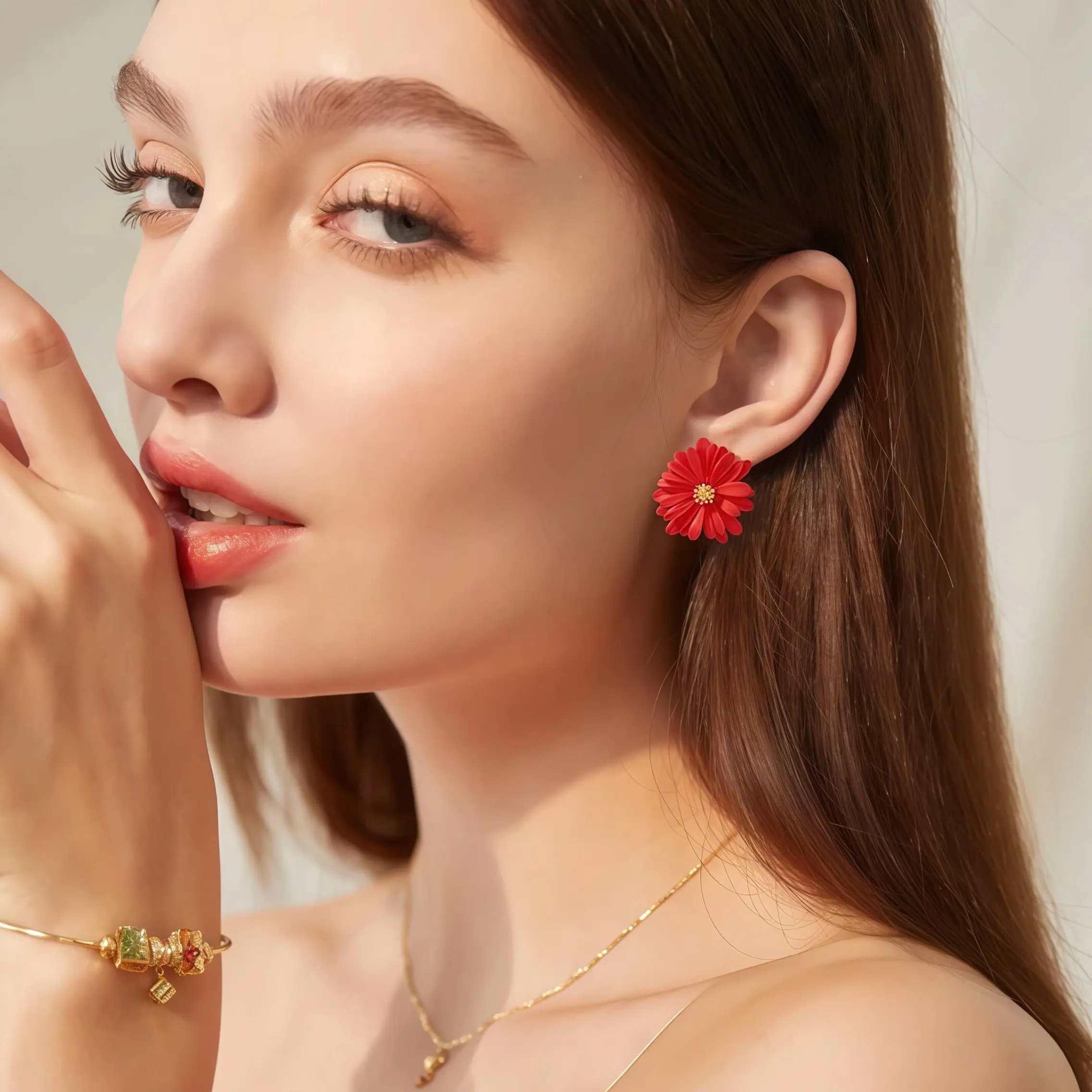 Dainty Red Daisy S925 Silver Stud Earrings - Image 2