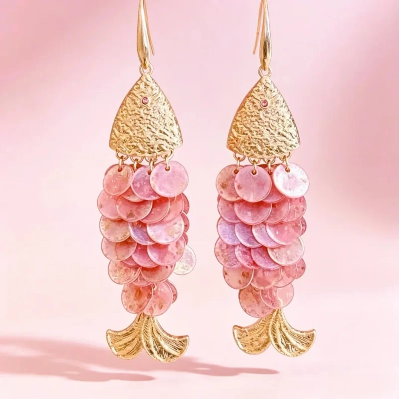 Boho Pink Fish Sequin Dangle Earrings