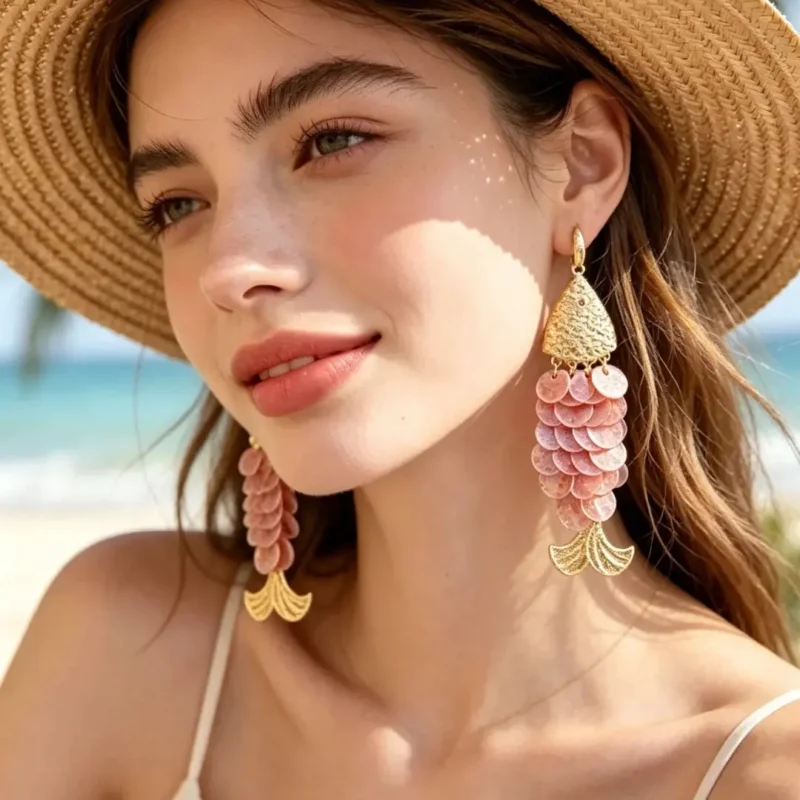 Boho Pink Fish Sequin Dangle Earrings
