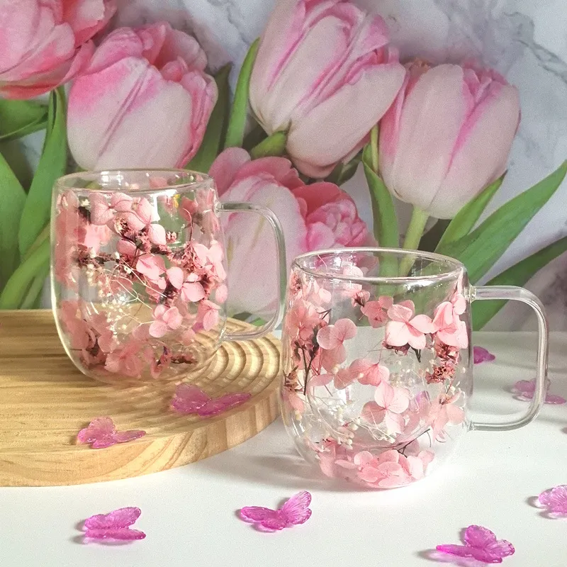 Pink Preserved Flower Glass Mug