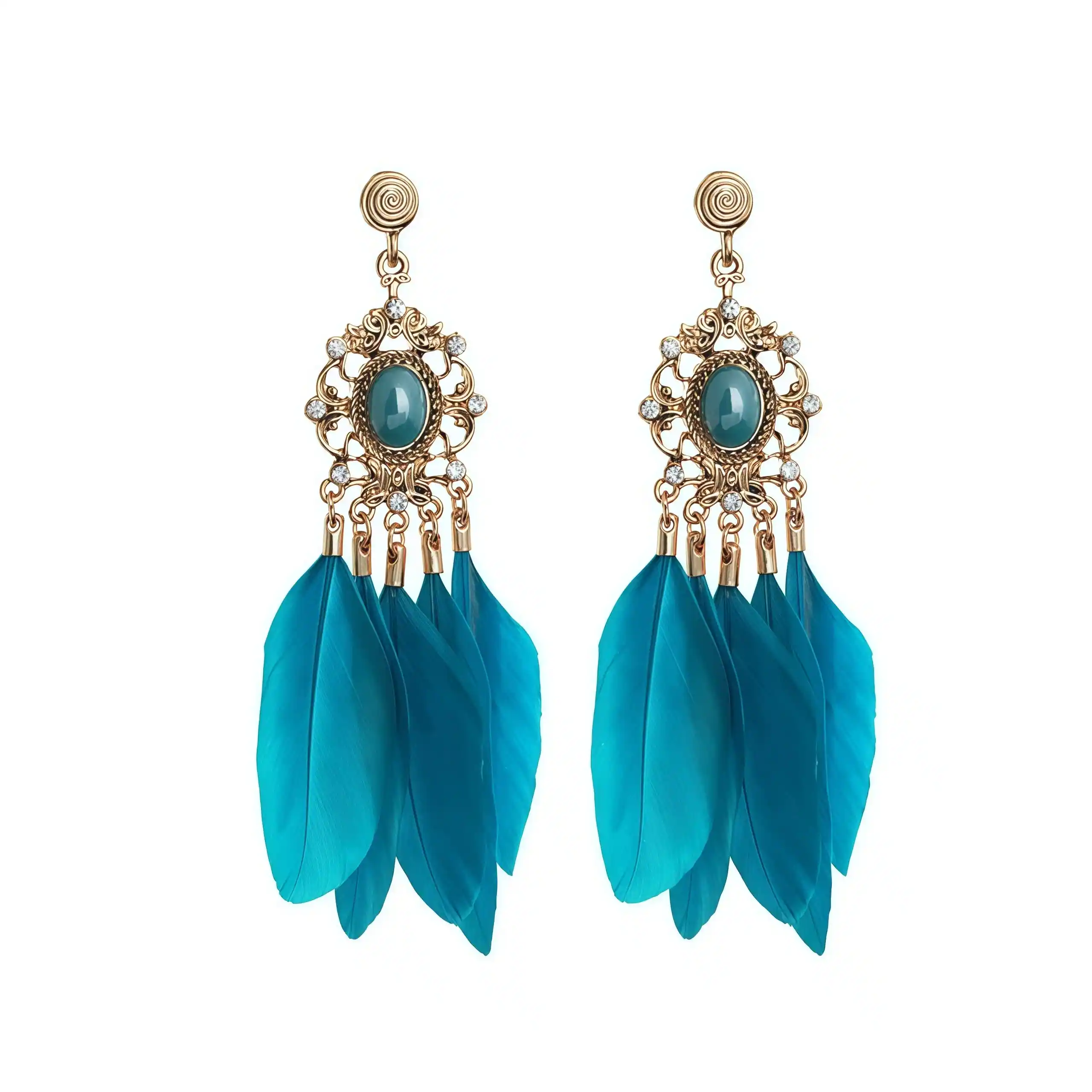 Luxury Blue Feather Tassel Dangle Earrings