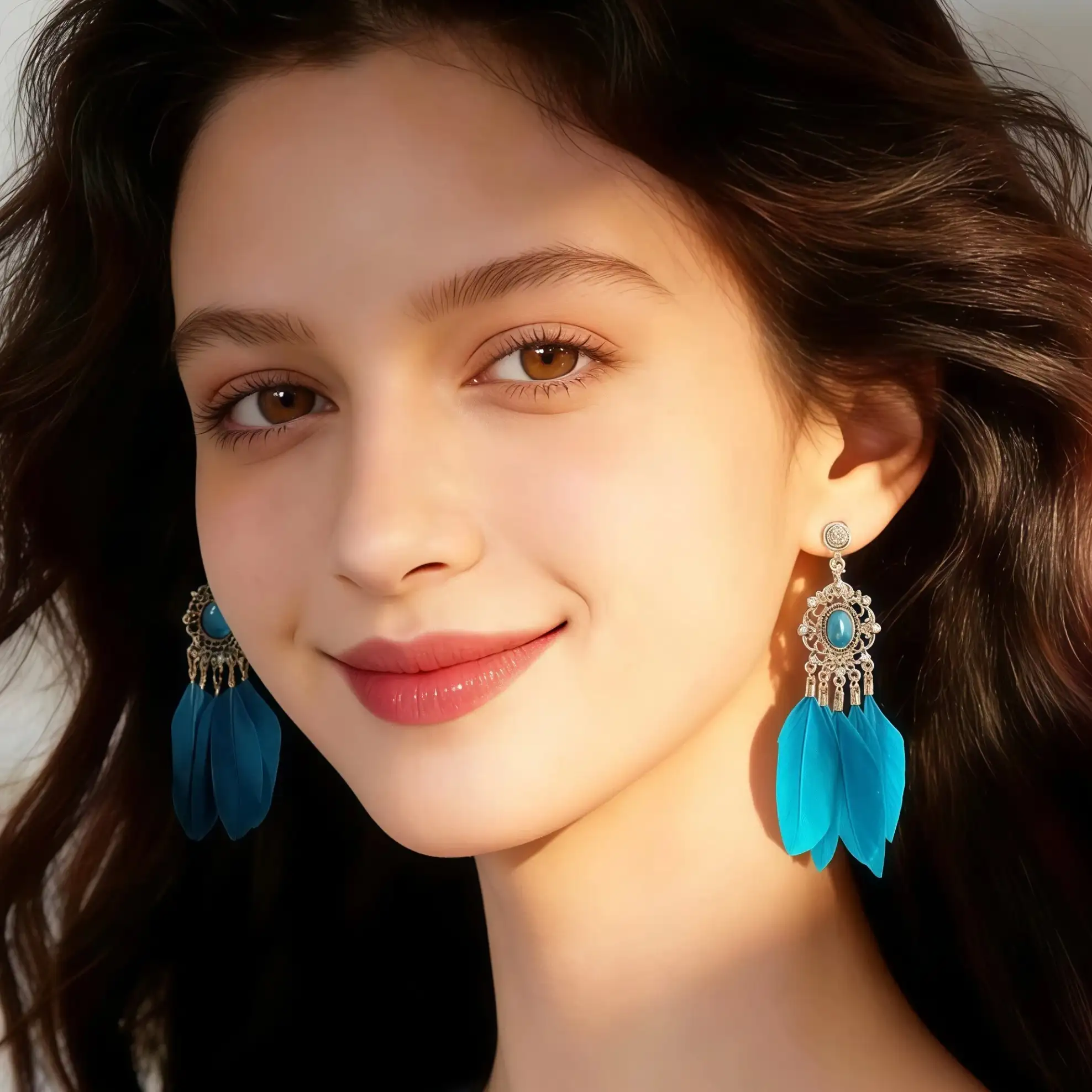 Luxury Blue Feather Tassel Dangle Earrings - Image 2