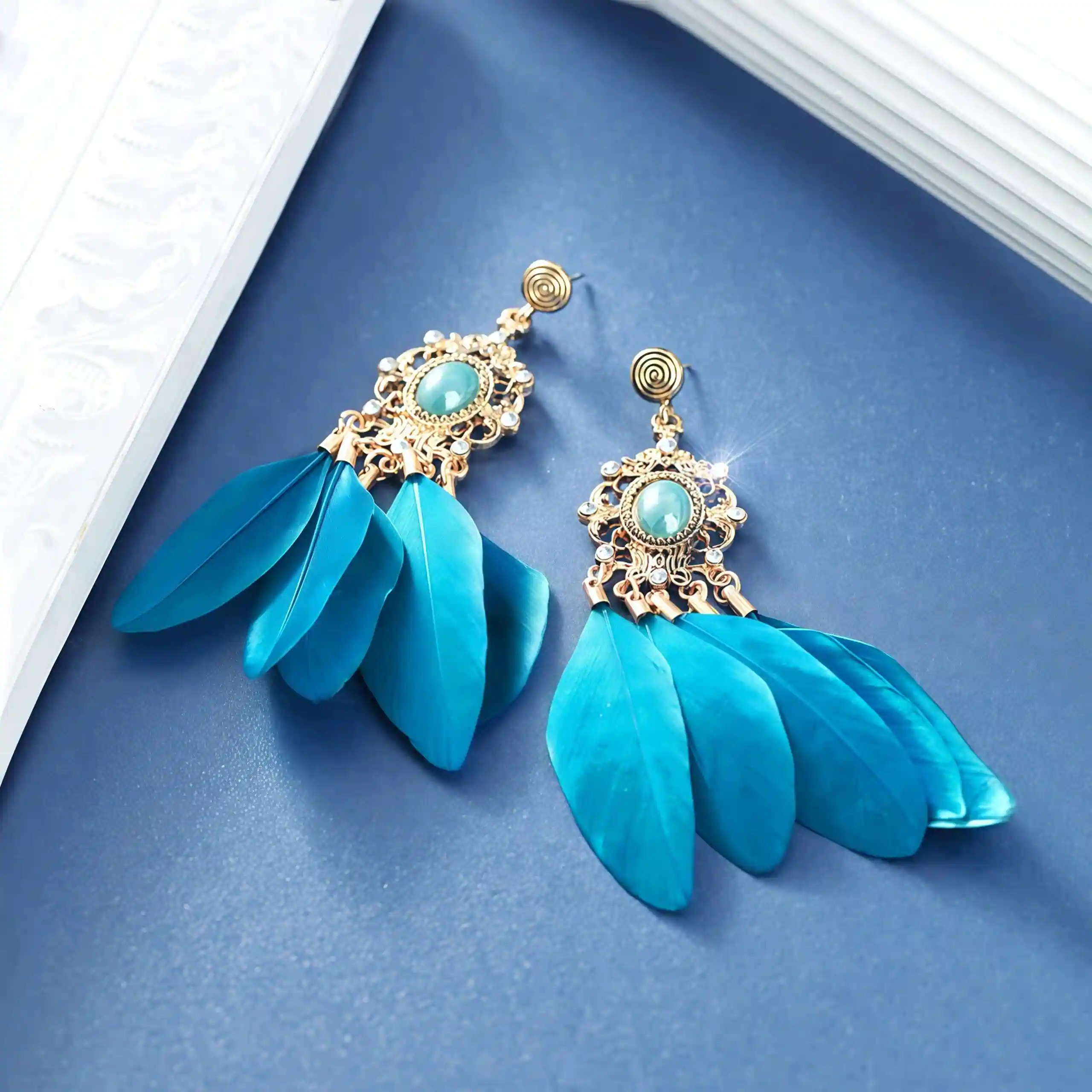 Luxury Blue Feather Tassel Dangle Earrings - Image 3