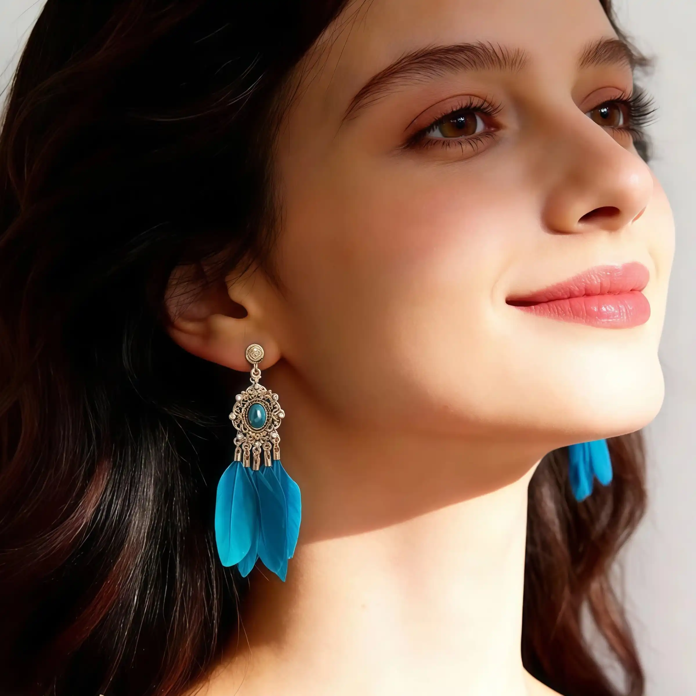 Luxury Blue Feather Tassel Dangle Earrings - Image 4